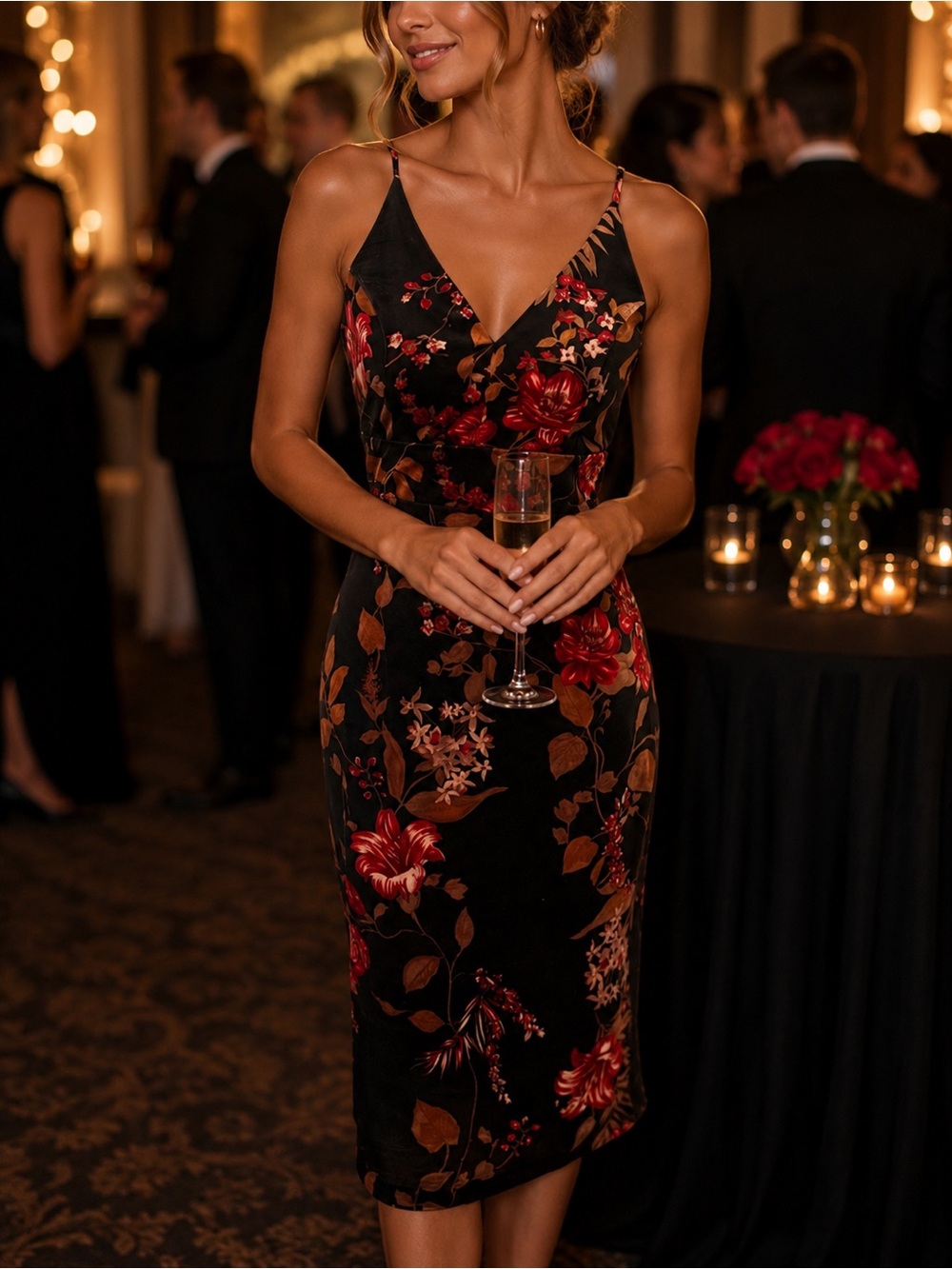 VENUS Black Floral Velvet Midi Dress Sz Small